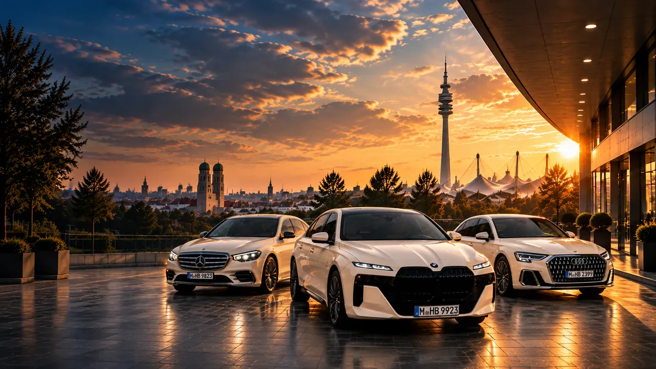KOMPASS TAXI München Premium Flotte: Mercedes S-Klasse, BMW 7er und Audi A8 vor dem Olympiaturm